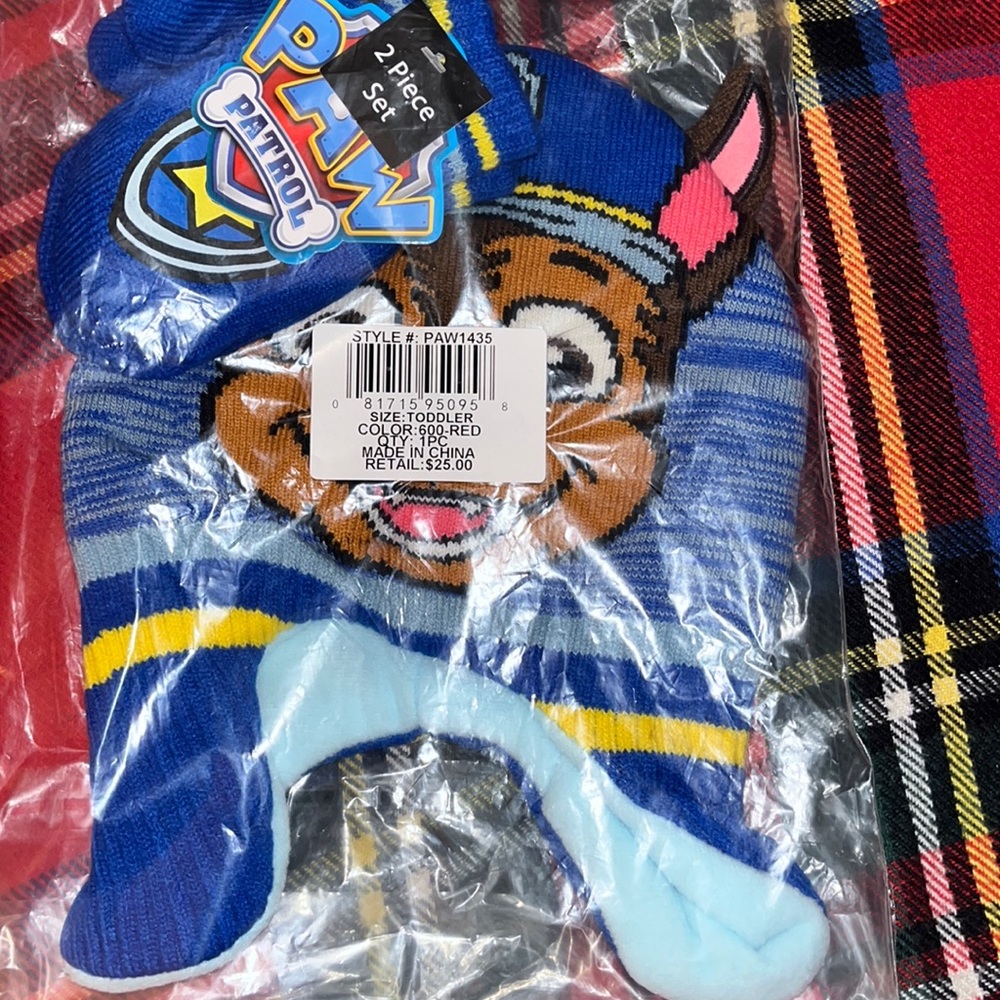 Blue Paw Patrol hat and mittens set.